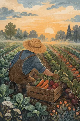 Farmer Harvesting Vegetables at Sunrise Field