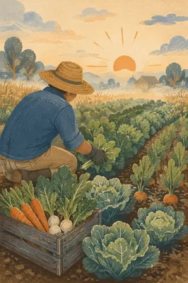 Farmer Harvesting Vegetables at Sunrise Field