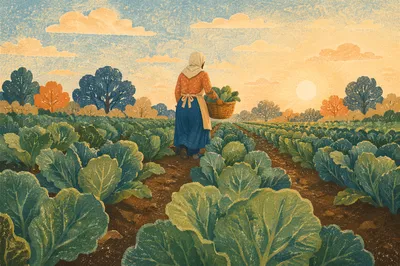 Farmer Harvesting Greens at Sunrise Field