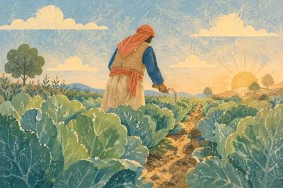 Farmer Harvesting Greens at Sunrise Field