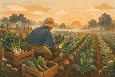 Farmer Harvesting Vegetables at Sunrise Field