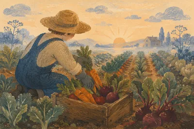 Farmer Harvesting Vegetables at Misty Sunrise