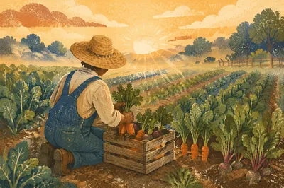 Farmer Harvesting Vegetables at Sunrise Field
