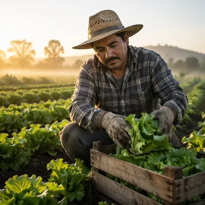 Farmer Harvesting Lettuce at Sunrise