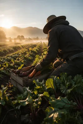 Farmer Harvesting Vegetables at Misty Sunrise