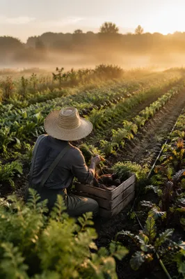 Farmer Harvesting Vegetables at Sunrise Field