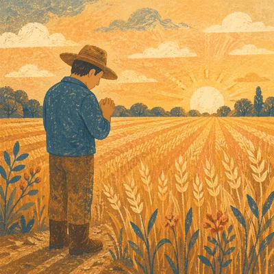 Farmer Praying Over Harvest at Golden Hour