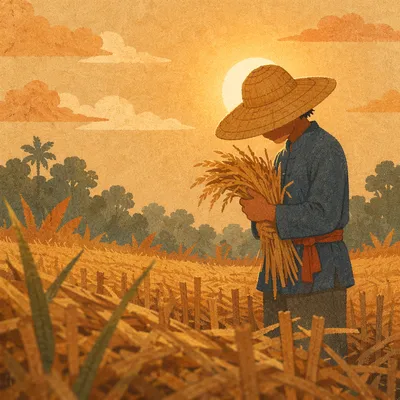 Farmer Praying in Golden Harvest Field