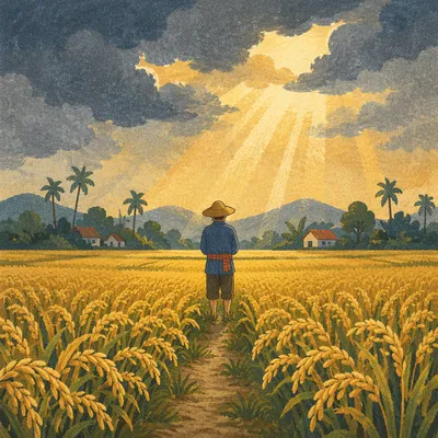 Farmer Praying in Golden Harvest Field