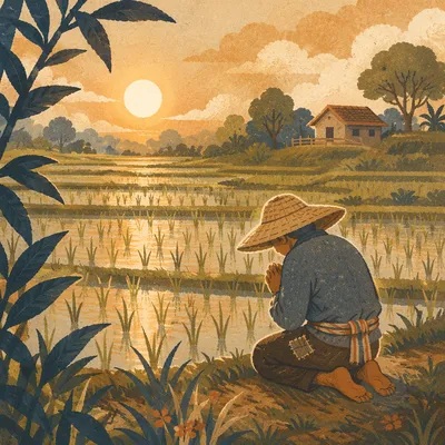 Farmer Praying in Golden Harvest Field