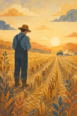 Farmer Praying Over Harvest at Golden Hour