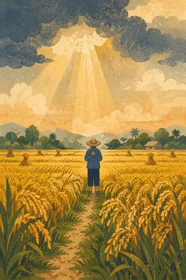 Farmer Praying in Golden Harvest Field