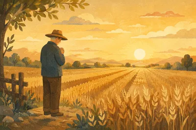 Farmer Praying at Golden Harvest Field