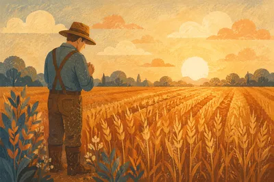Farmer Praying in Golden Harvest Field