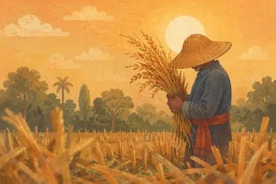 Farmer Praying in Golden Harvest Field