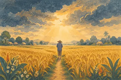 Farmer Praying in Golden Harvest Field