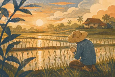 Farmer Praying at Golden Harvest Field