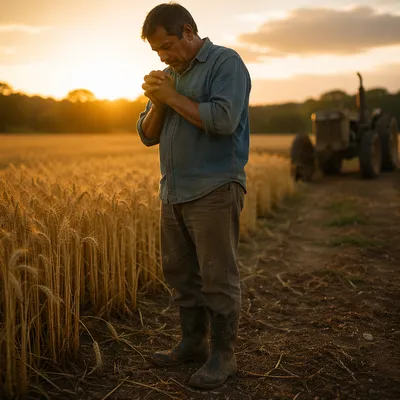 Farmer Praying in Wheat Field at Golden Hour