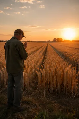 Farmer Praying at Golden Harvest Field