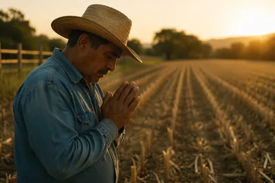 Farmer Praying Beside Harvested Field at Sunset