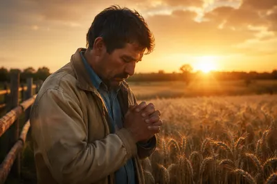 Farmer Praying Beside Golden Grain Field