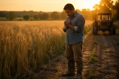 Farmer Praying Beside Wheat Field at Sunset