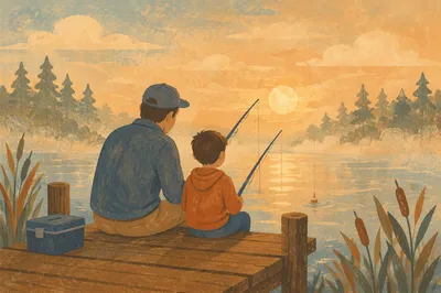 Father and Son Fishing at Dawn