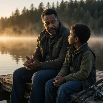 Father and Son Talking on Dock