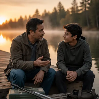 Father and Son Talking on Dock