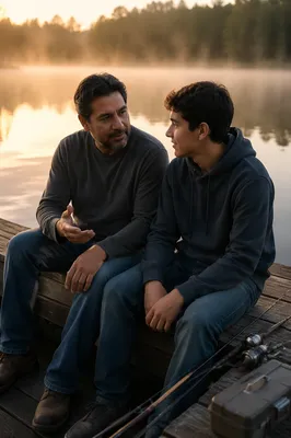 Father and Son Talking on Dock