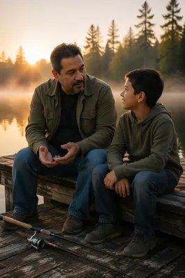 Father and Son Talking on Dock