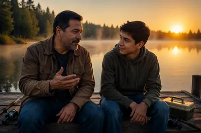 Father and Son Talking on Dock