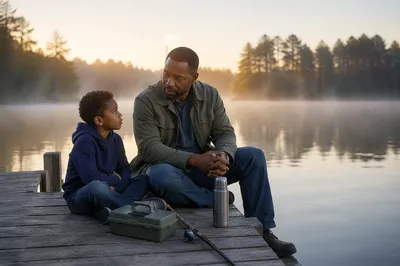Father and Son Talking on Lakeside Dock