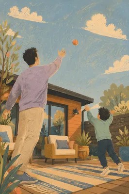 Father and Son Backyard Catch Moment