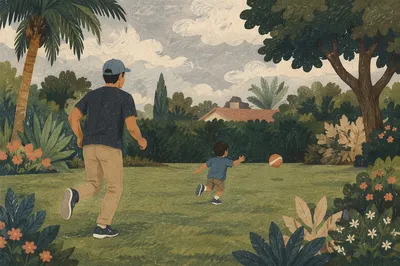 Father and Son Playing Catch Outdoors
