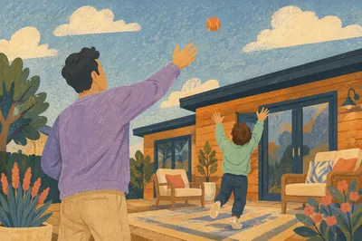 Father and Son Backyard Catch Moment