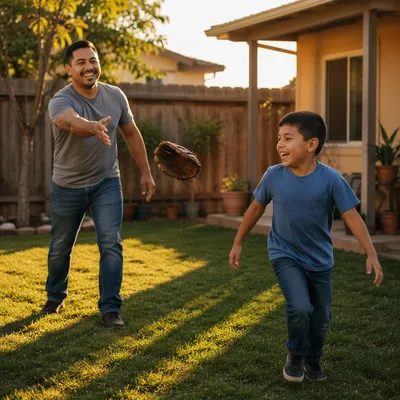 Father and Son Playing Catch Backyard