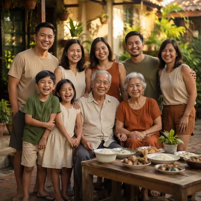 Joyful Filipino Family in Courtyard Portrait