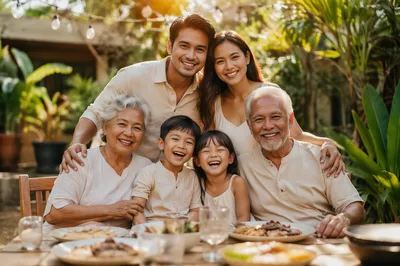 Joyful Filipino Family in Tropical Backyard