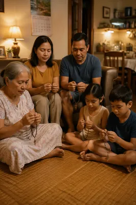 Filipino Family Praying Rosary at Home