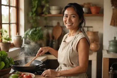 Smiling Filipino Woman Cooking in Bright Kitchen
