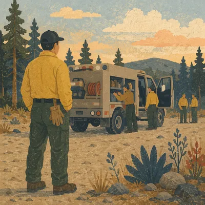 Wildland Firefighter Beside Brush Truck at Dusk