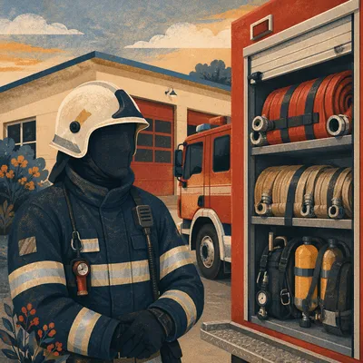 Firefighter Beside Red Truck at Station