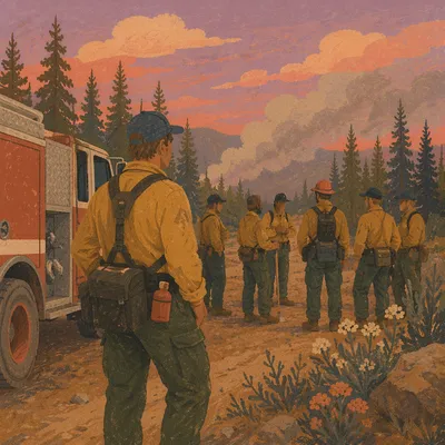 Wildland Firefighter Beside Truck at Dusk