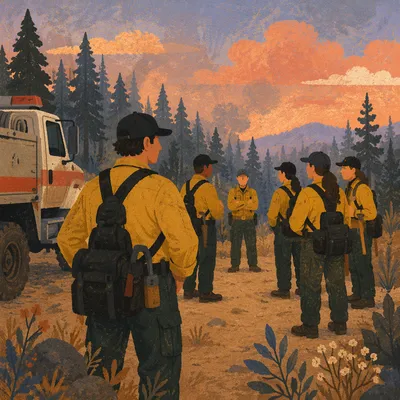 Wildland Firefighter Beside Truck at Dusk