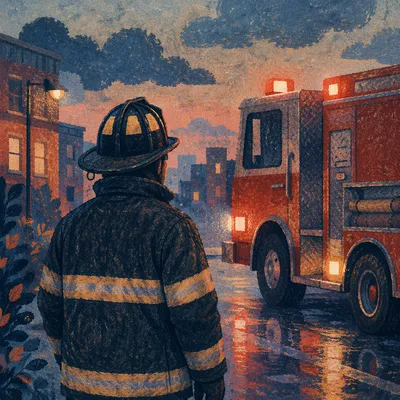 Firefighter by Red Truck at Dusk