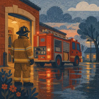Firefighter Beside Fire Truck at Blue Hour