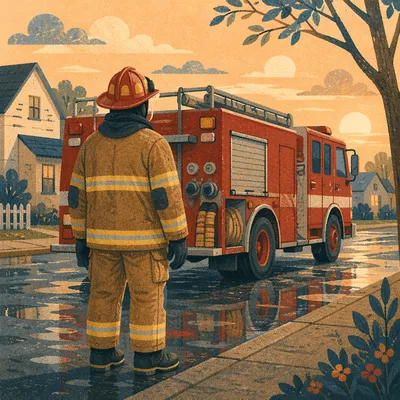 Firefighter Beside Fire Truck at Dawn