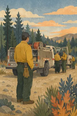 Wildland Firefighter Beside Brush Truck at Dusk