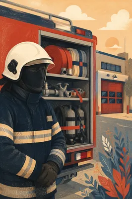 Prepared Firefighter Beside Red Fire Truck